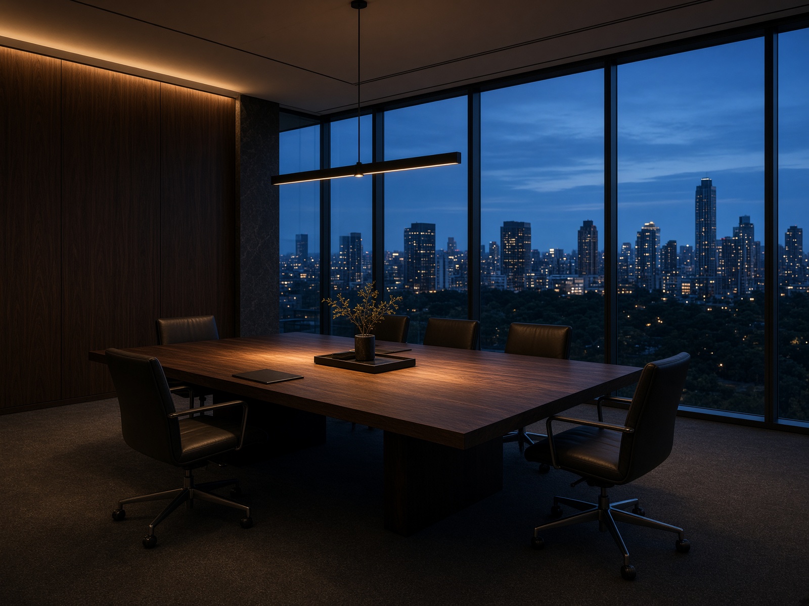 An empty executive room at dusk overlooking the city