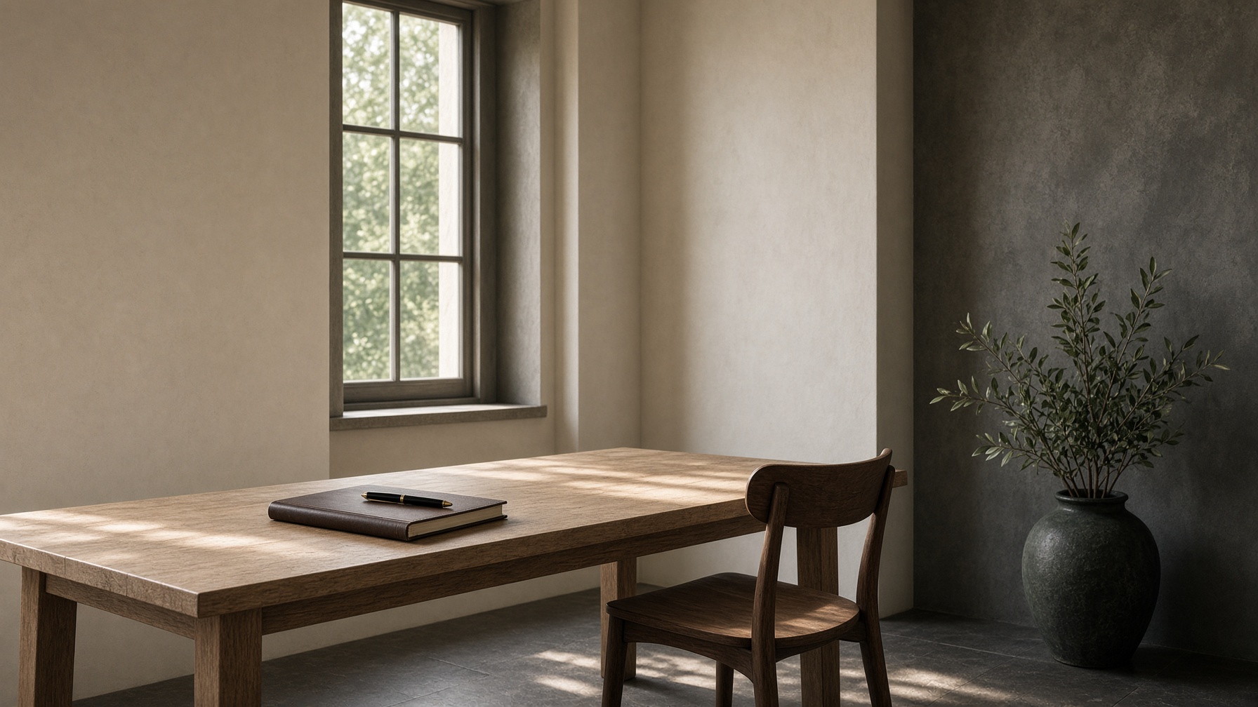 A quiet study with morning light on an oak table