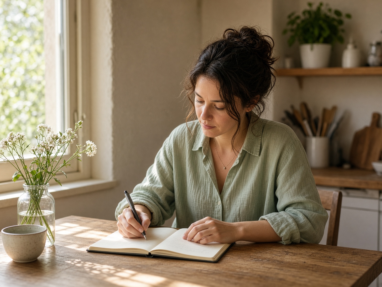 A person sitting with a notebook in morning light
